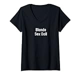Damen Blonde Sexpuppe T-Shirt mit V-Ausschnitt